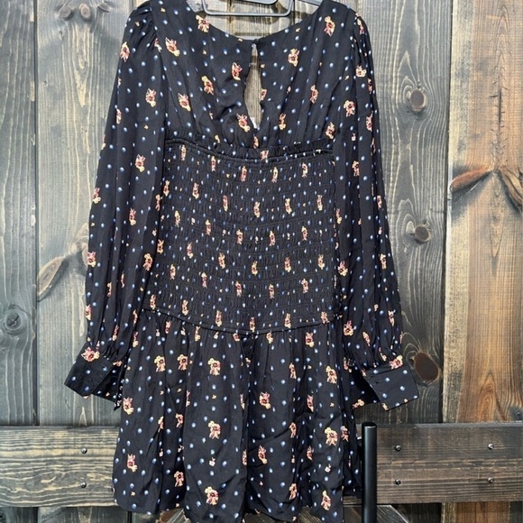 NWT Free People Mini Dress Floral Smocked Square Neck S XS Black Boho - Picture 8 of 9